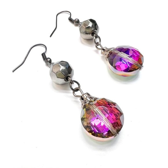 Hand Crafted Jewelry - New / Handcrafted - Iridescent Faceted Crystal Drop Black Tone Fishhook Earrings